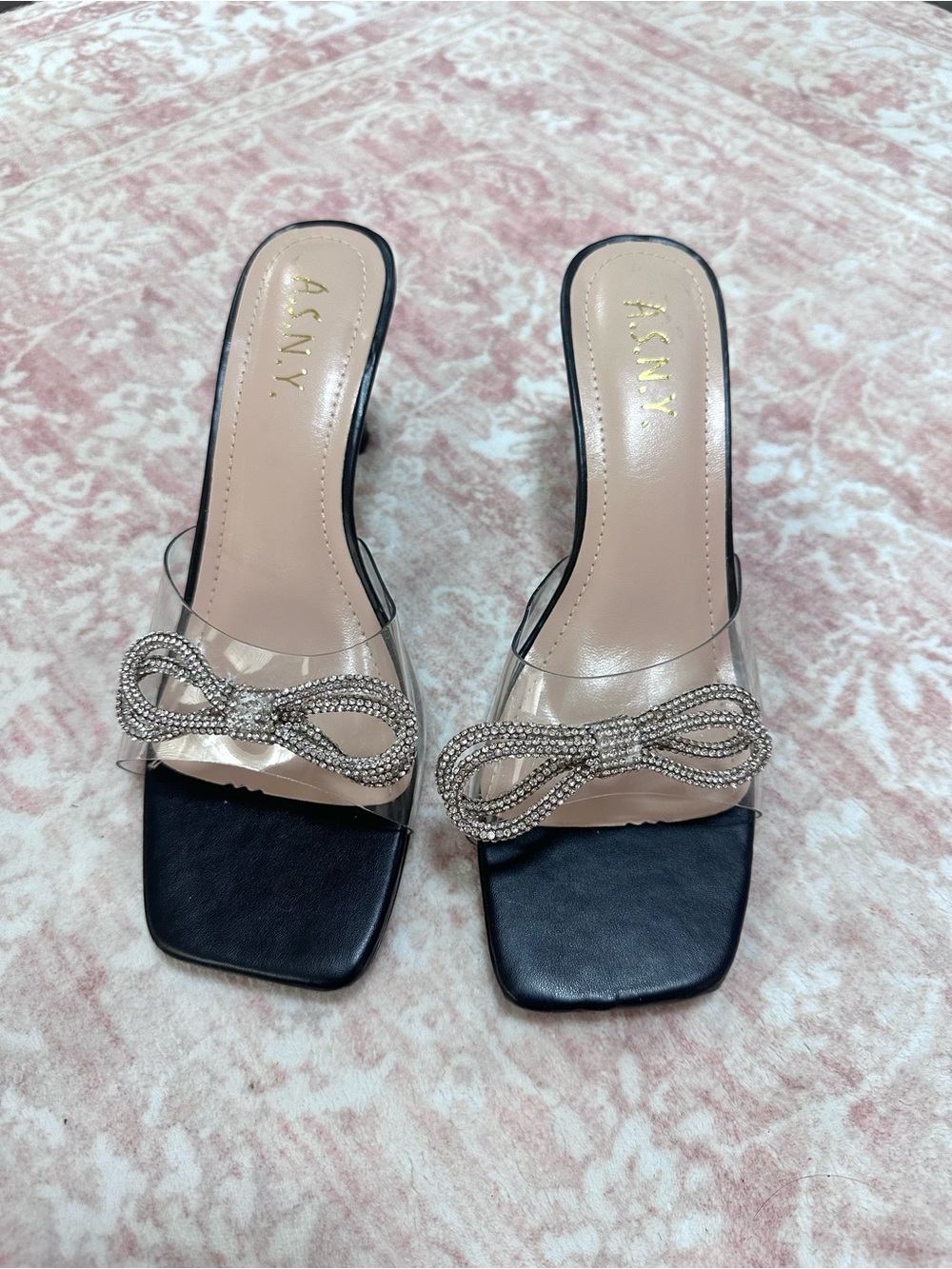 NEW 🖤 Y2K Crystal Bow Clear Strap Slip On Heels - Picture 2 of 9